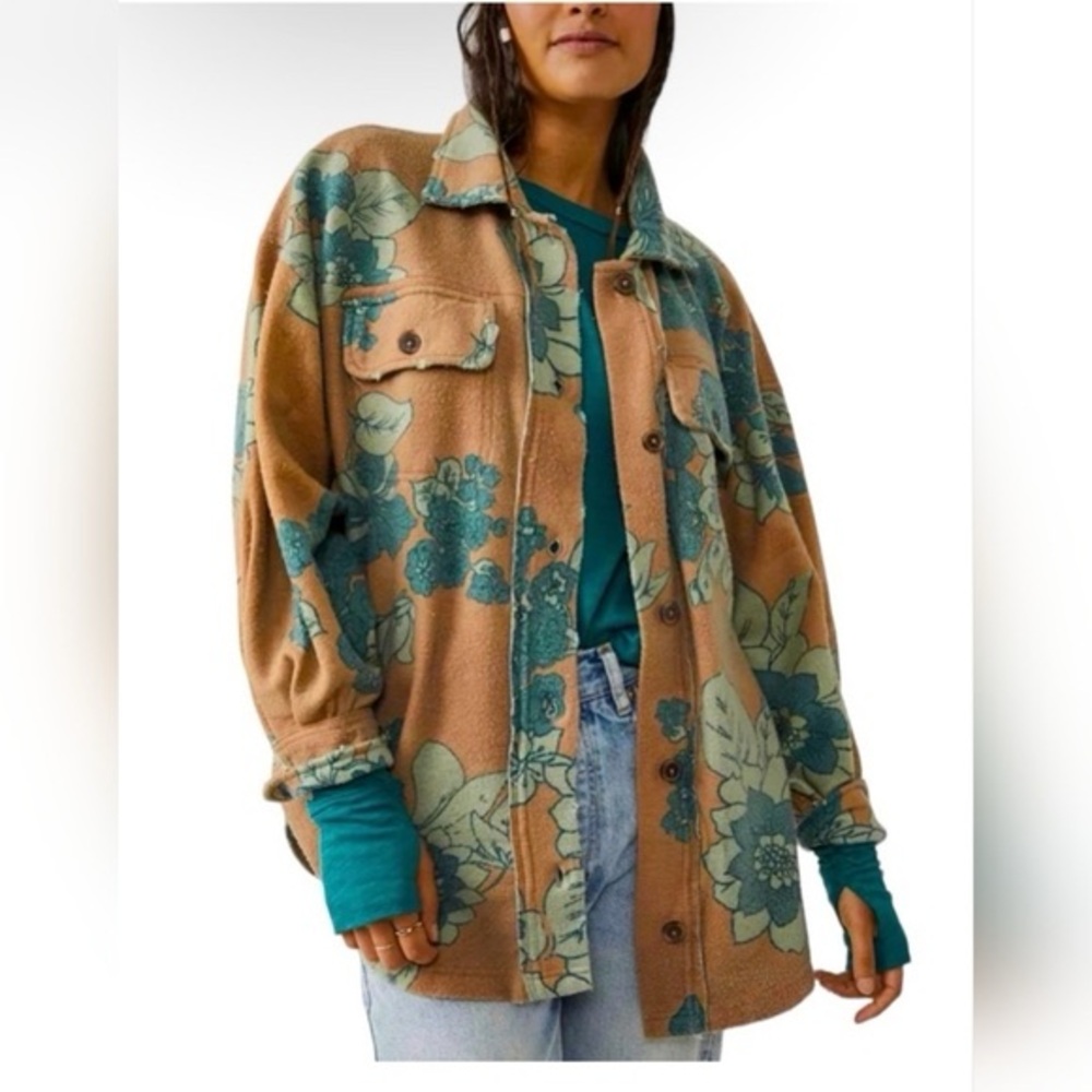 Free People Floral Teal and Tan Utility Distressed Ruby Jacket